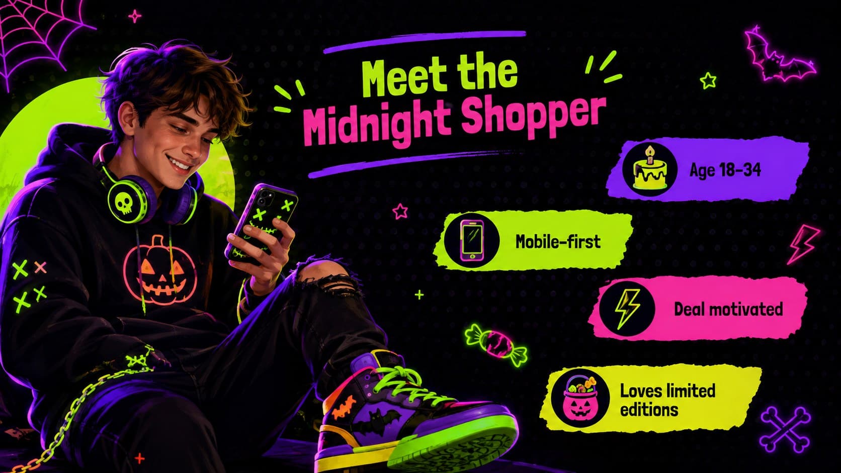 Colorful target audience slide for a Halloween retail promotion presentation with shopper profile details.