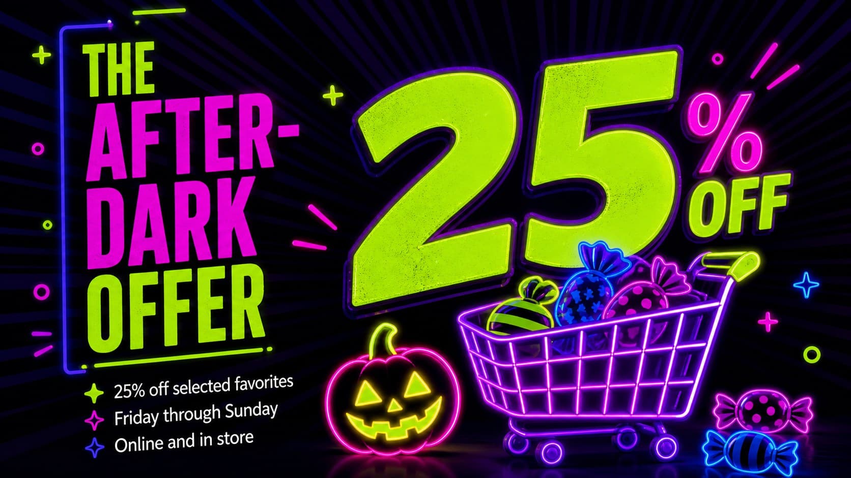 Neon featured offer layout presenting a limited-time discount in an October ecommerce campaign.