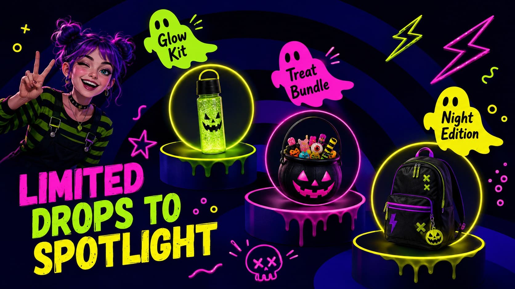 Halloween product launch slide showing three featured retail products in electric neon colors.