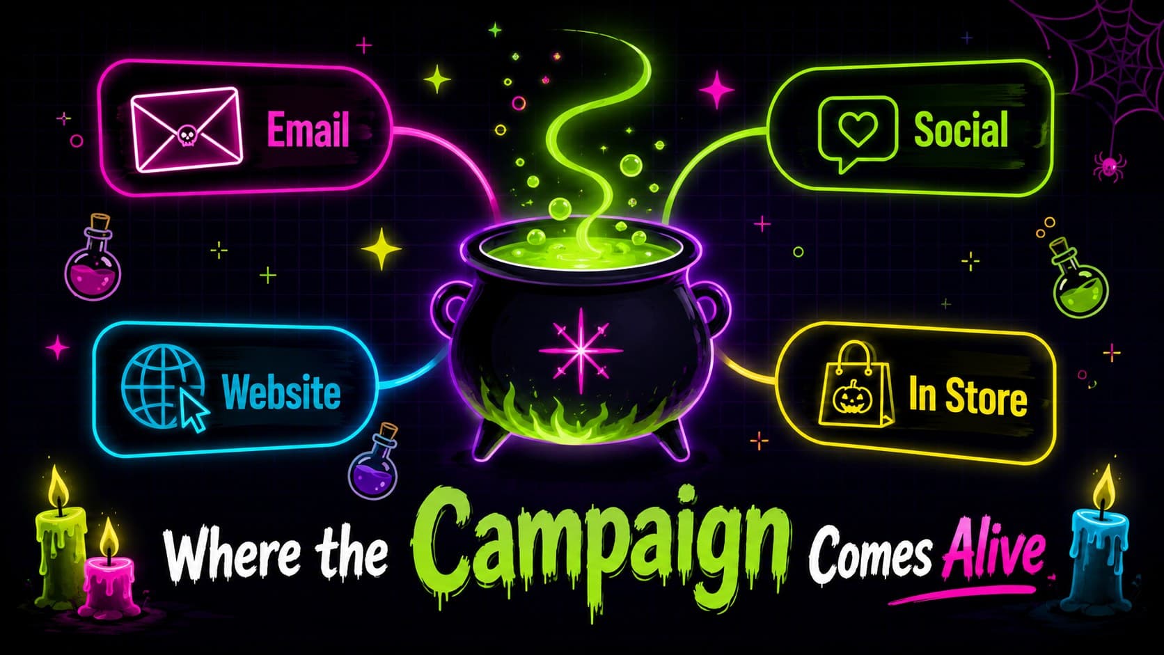 Campaign channel strategy slide for a spooky season retail promo deck with email, social, web, and store touchpoints.
