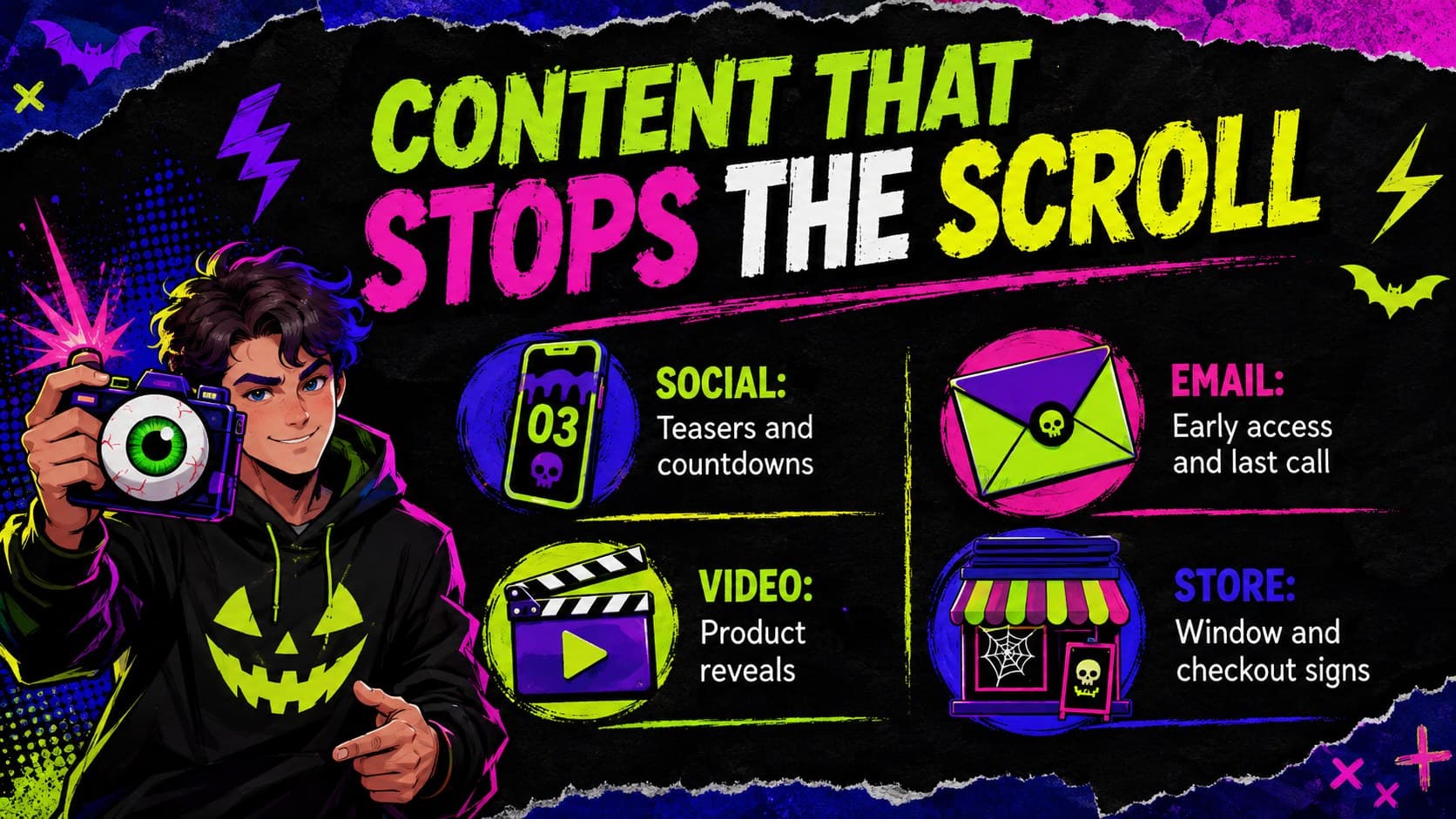 Neon content plan slide listing social, email, video, and store creative for an October promotion.