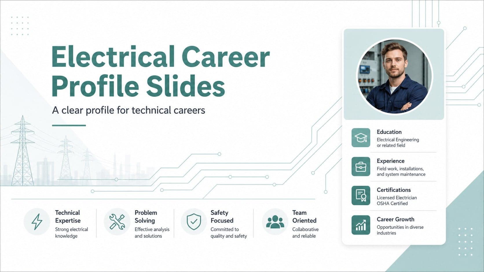 Cover slide for an electrical career profile slides template with a clean white professional layout.
