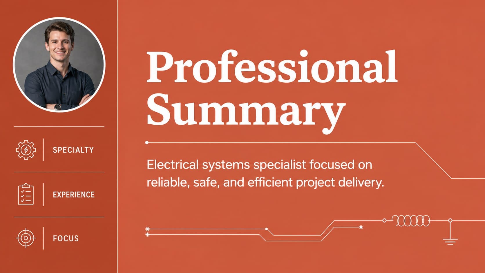 Professional summary slide outlining an electrical engineer's career profile and core strengths.