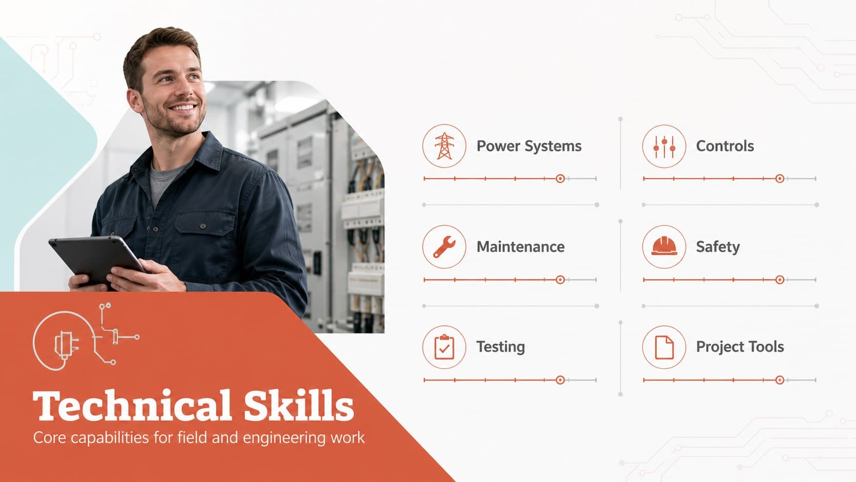 Technical skills slide showing organized electrical engineering competencies in an editable profile layout.