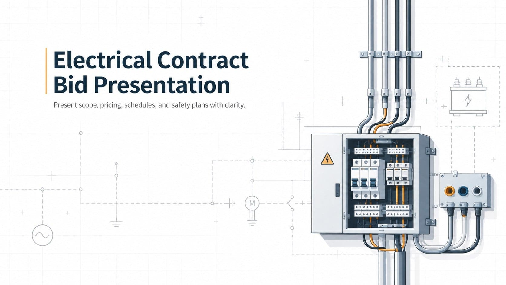 Cover for an electrical contract bid presentation with modern technical linework on a clean white background.