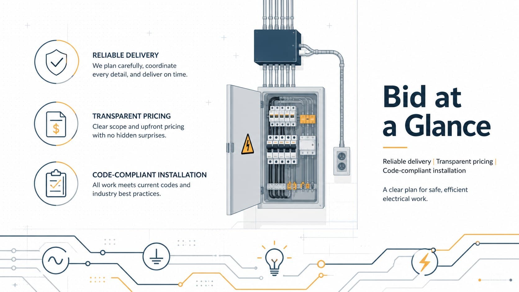 Executive overview slide summarizing an electrical contractor bid presentation template.