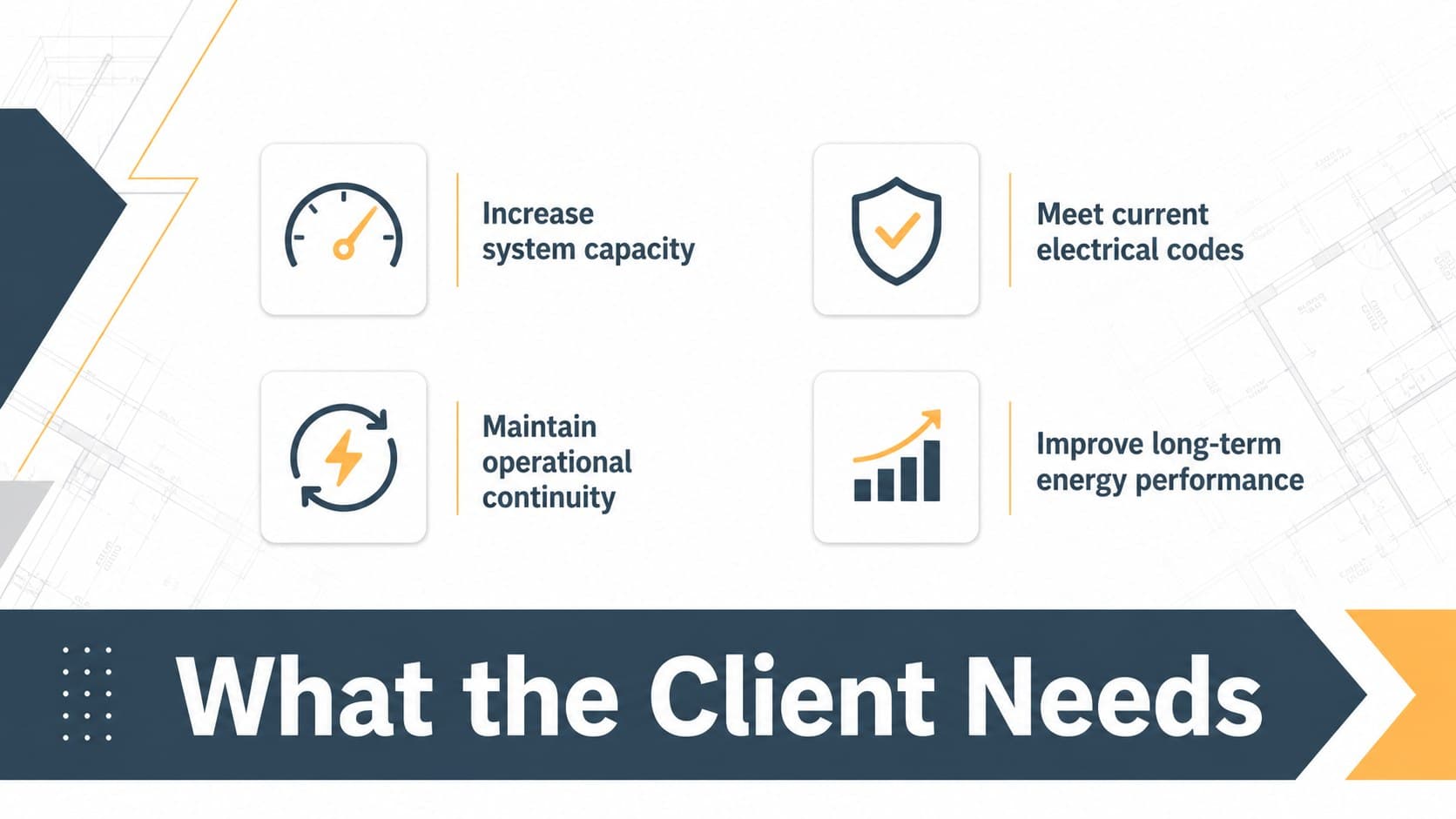 Client requirements layout for a commercial electrical project proposal.