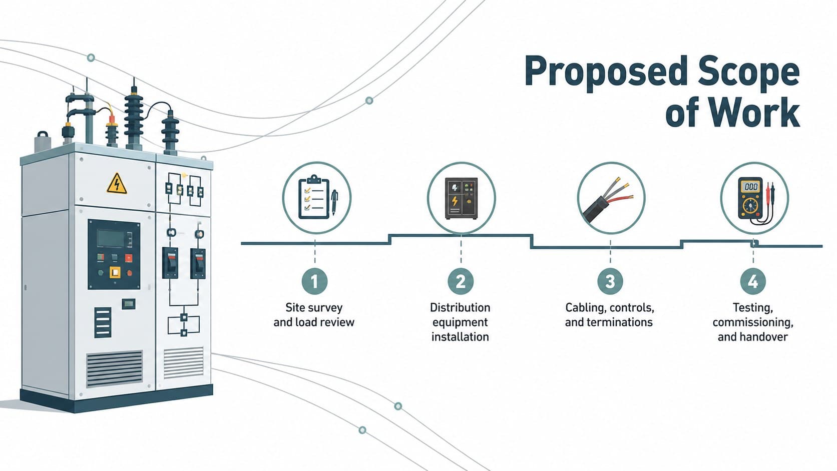 Electrical scope of work presentation slide with four project workstreams.