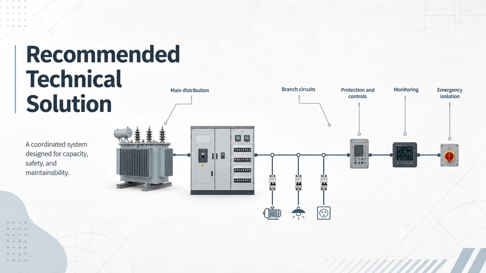 Technical solution slide showing power distribution and electrical system components.