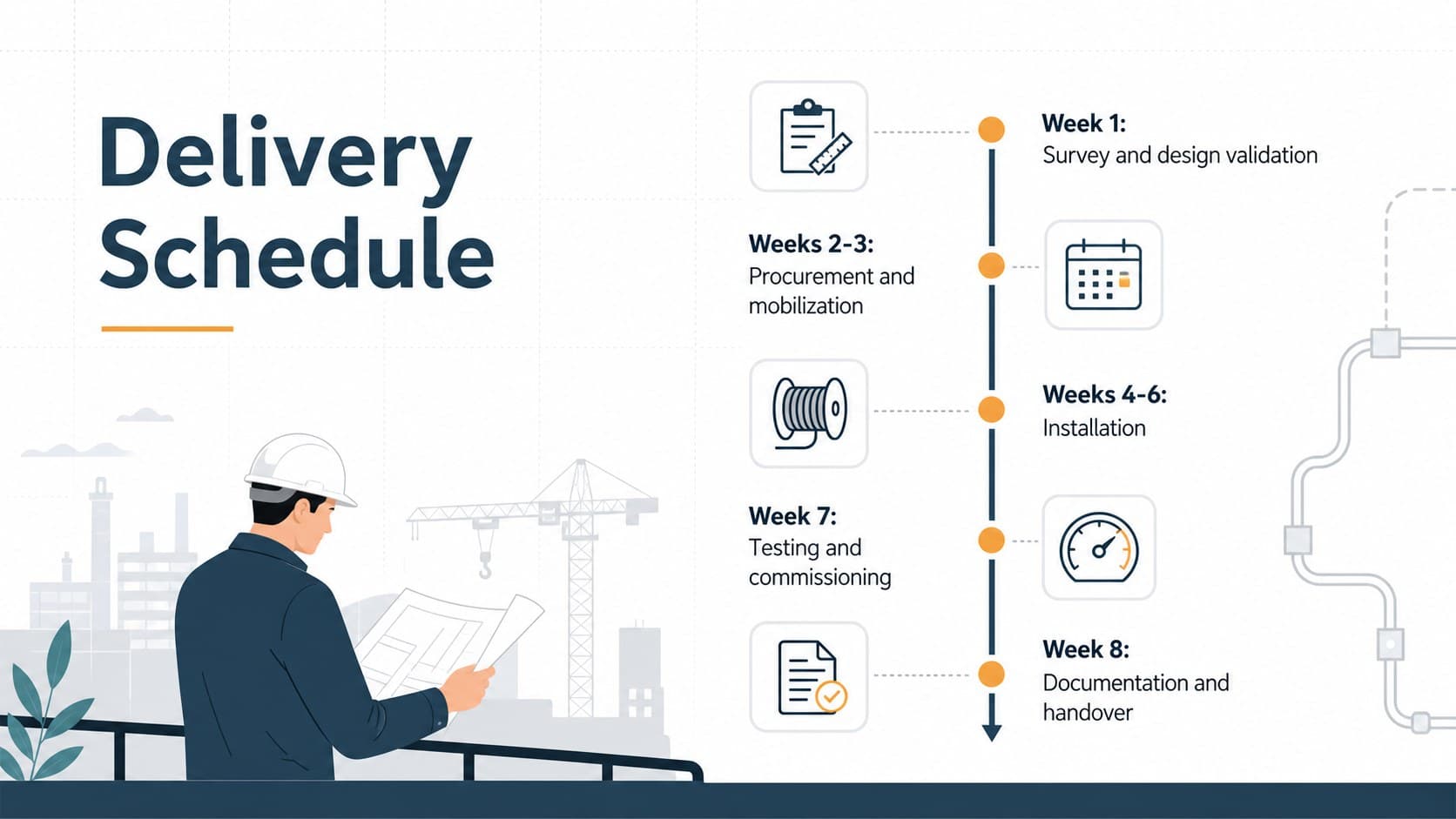 Electrical installation timeline slide with survey, procurement, installation, and commissioning phases.