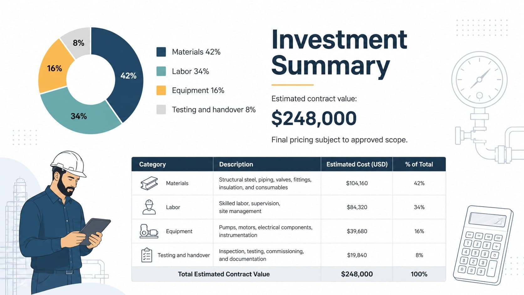 Electrical estimate pitch deck slide presenting labor, equipment, materials, and testing costs.