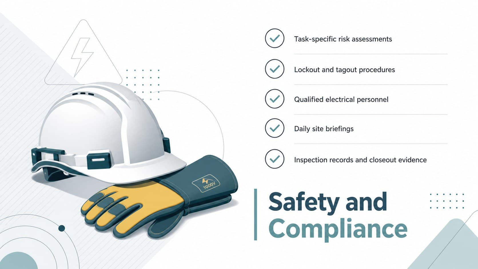 Safety and compliance slide for an industrial electrical contract bid.
