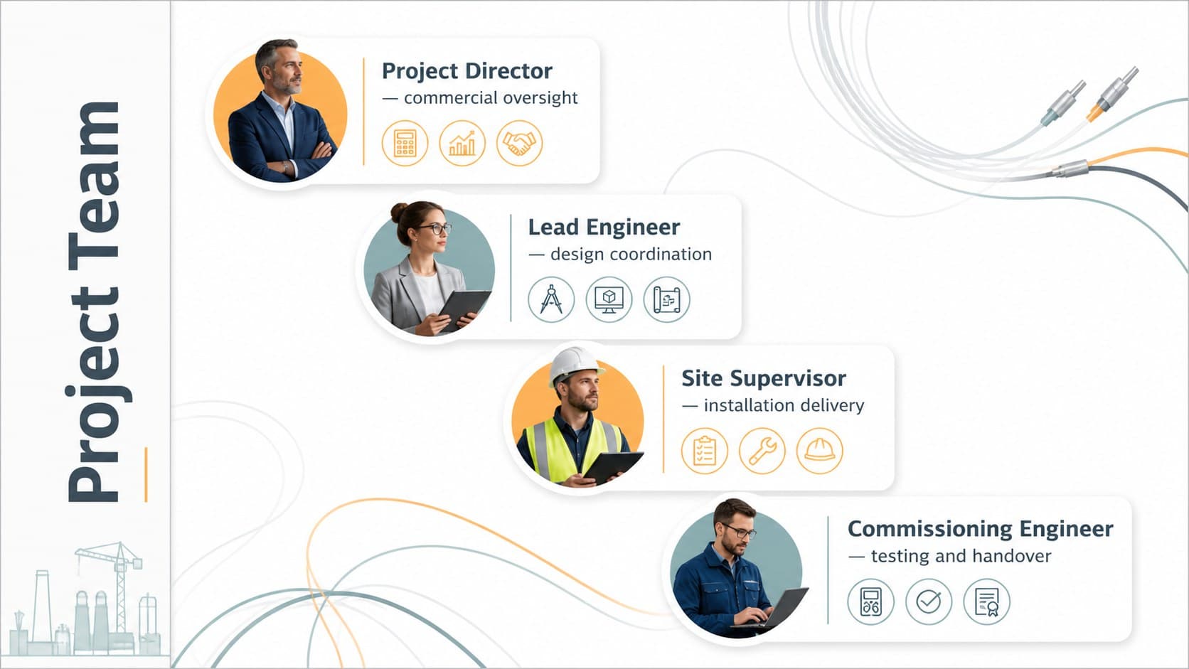 Project team slide introducing roles for an electrical engineering bid.