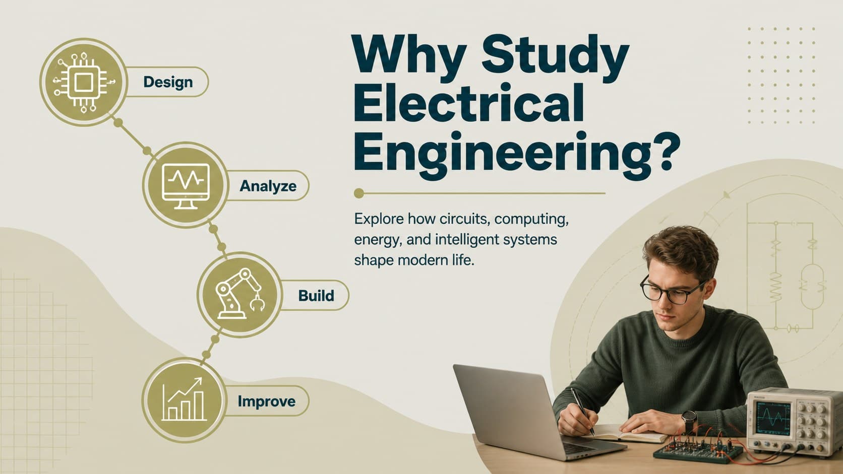 Electrical engineering major overview slide explaining how circuits, computing, energy, and design connect.