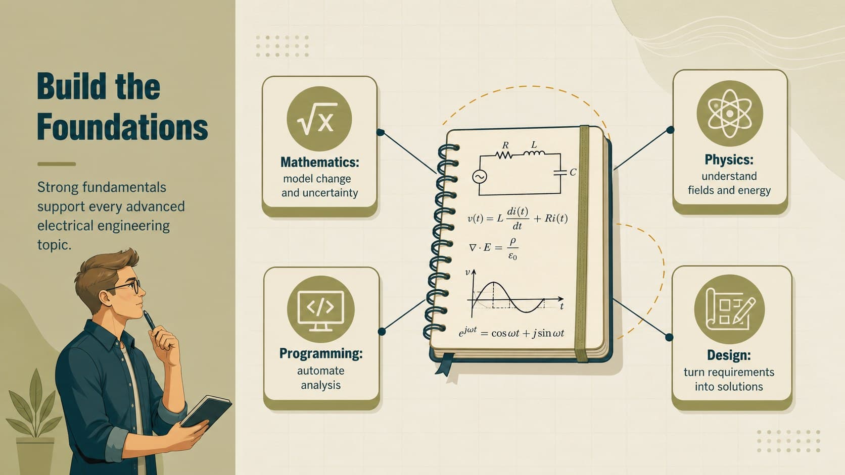 College engineering major overview showing mathematics, physics, programming, and design foundations.