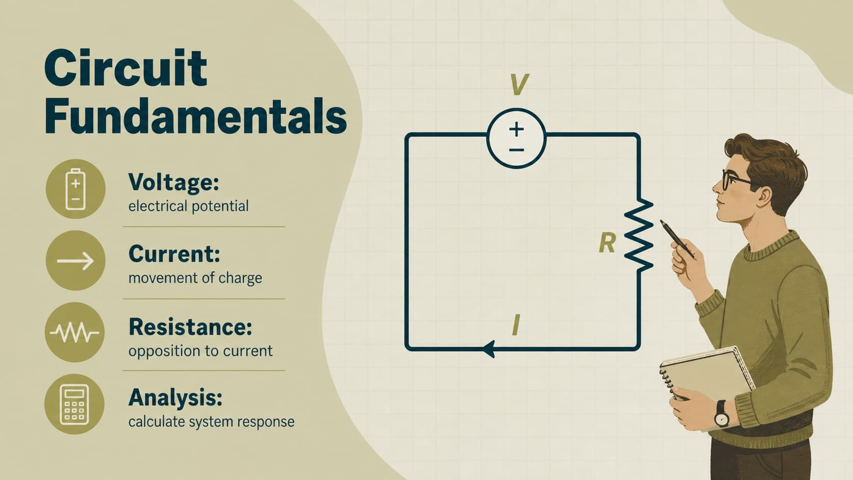 Circuit theory lecture slide featuring voltage, current, resistance, and network analysis concepts.