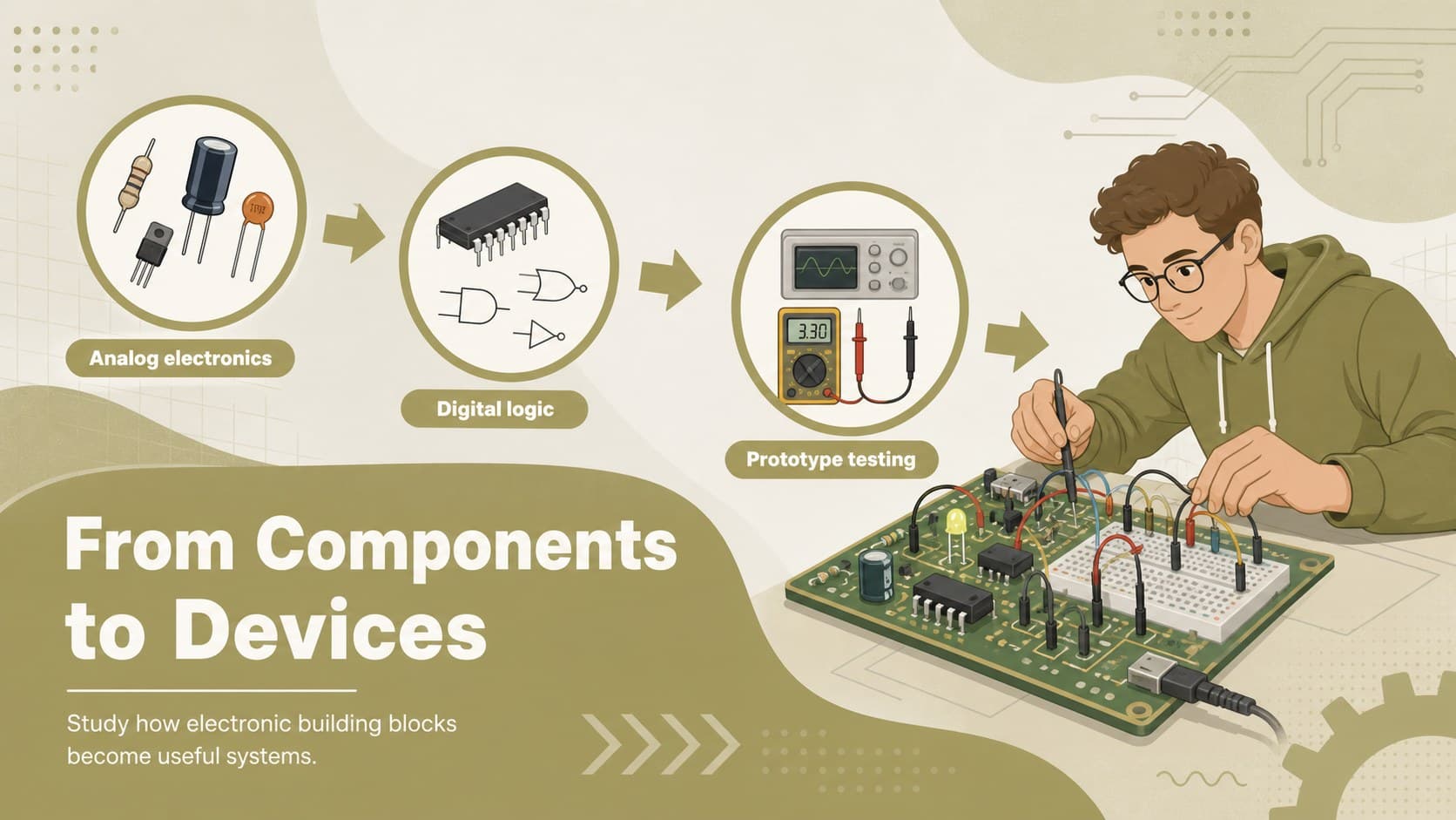 Electronics degree orientation slide about components, analog systems, digital logic, and prototyping.