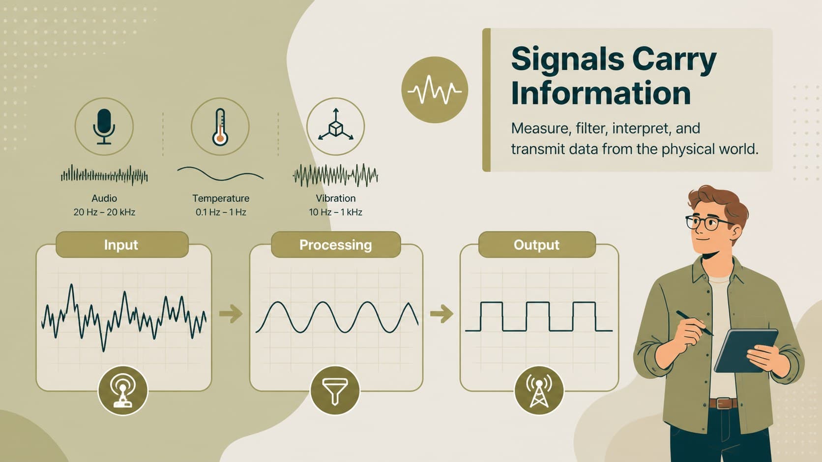 Signal processing education slide visualizing measurement, filtering, interpretation, and communication.