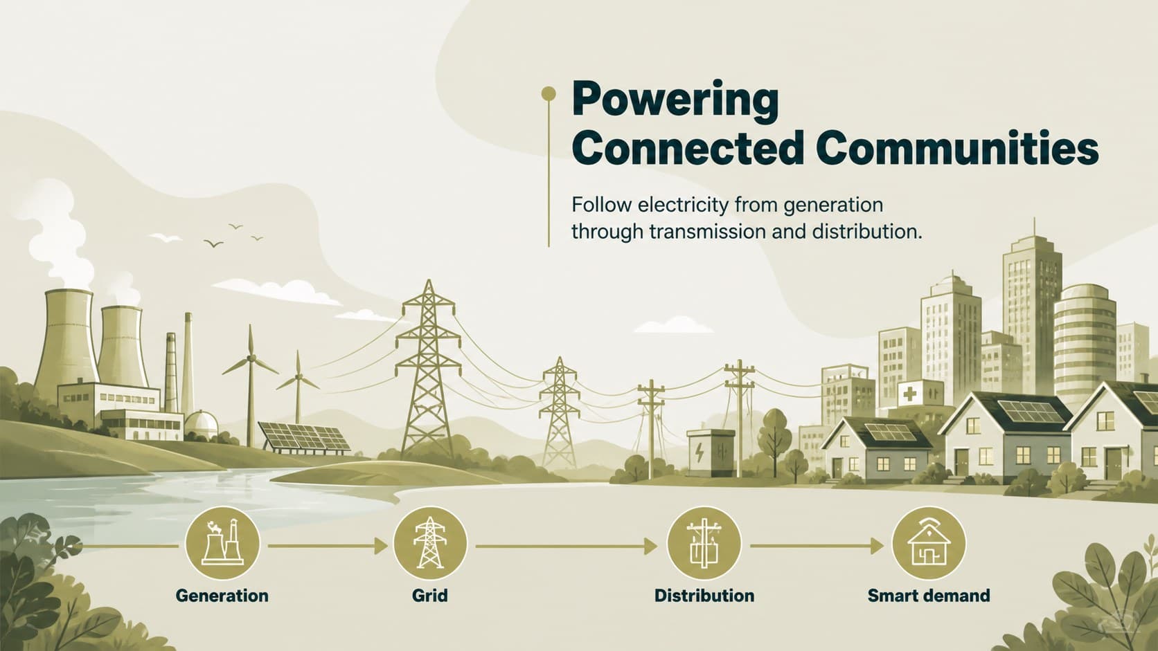 Power systems student presentation slide covering generation, transmission, distribution, and smart grids.