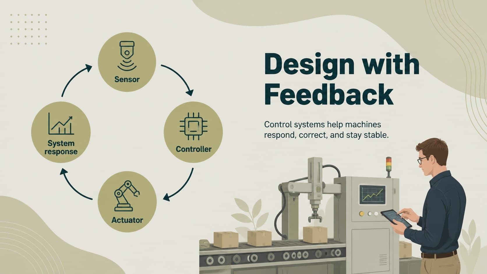 Control systems learning slide showing sensors, controllers, actuators, and feedback loops.