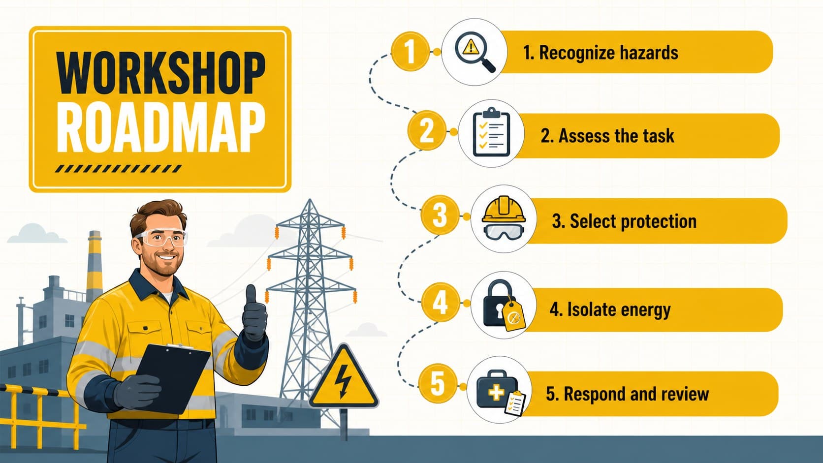 Yellow electrical hazard prevention workshop agenda slide outlining five practical safety topics.