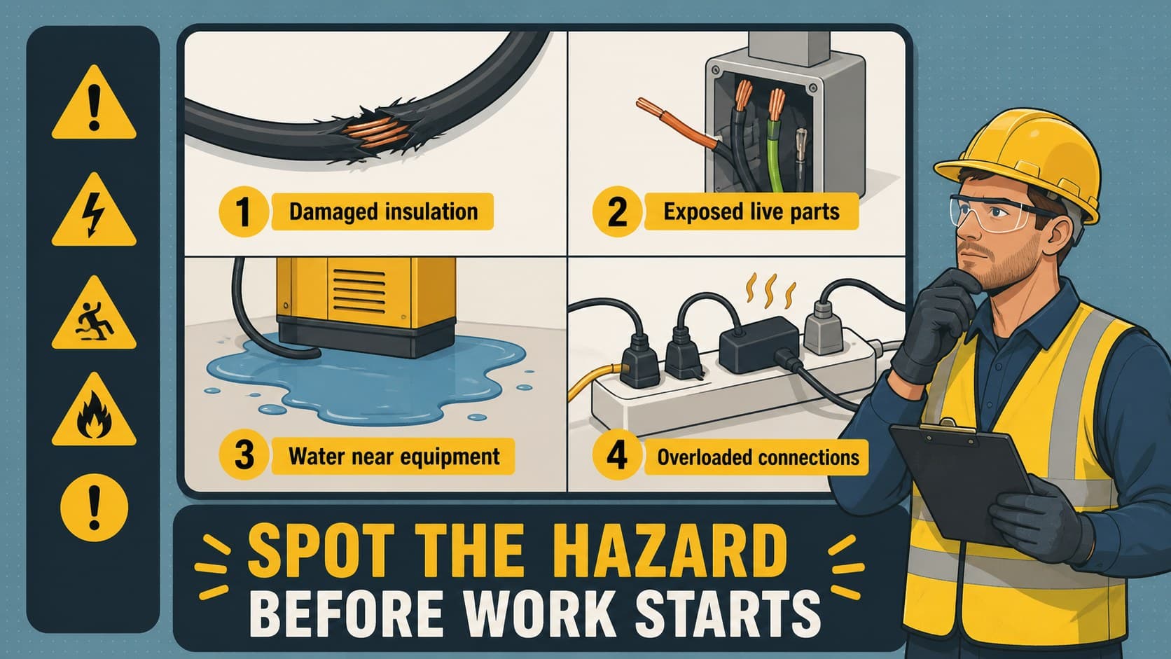 Workplace electrical safety presentation slide showing exposed wiring, damaged cords, moisture, and overloaded outlets.