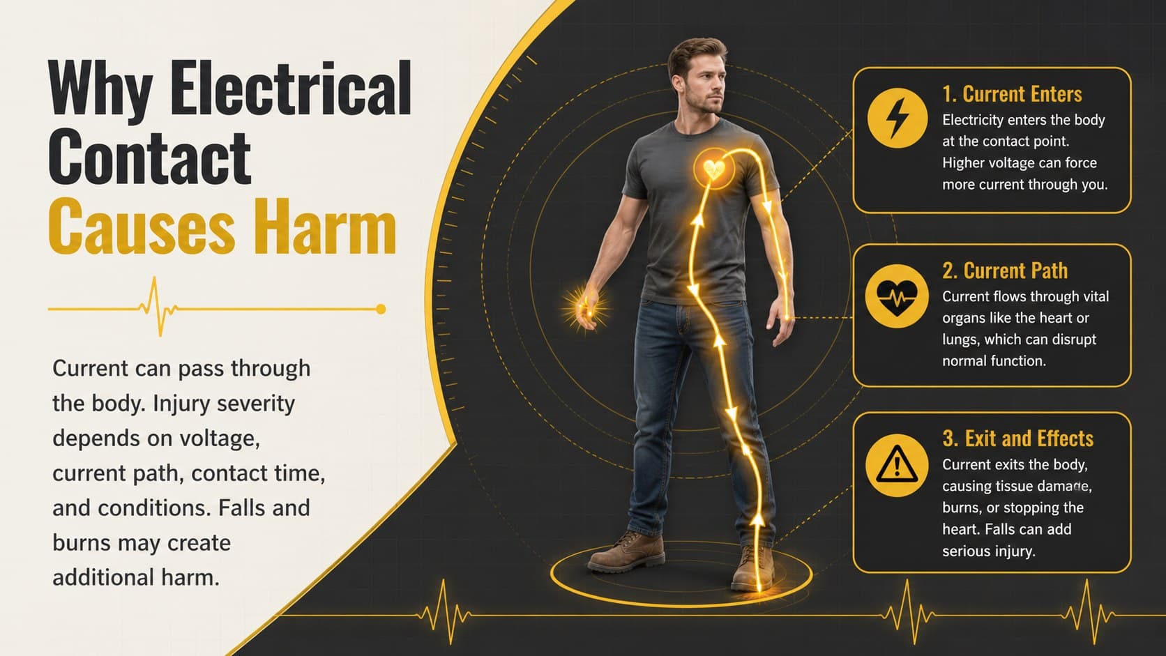 Electrical risk assessment training slide explaining contact, current path, injury factors, and secondary hazards.
