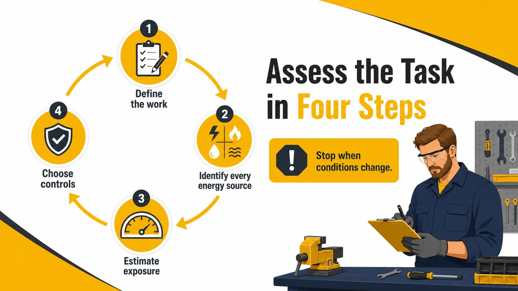 Electrical hazard prevention workshop slide presenting a four-step task risk assessment.