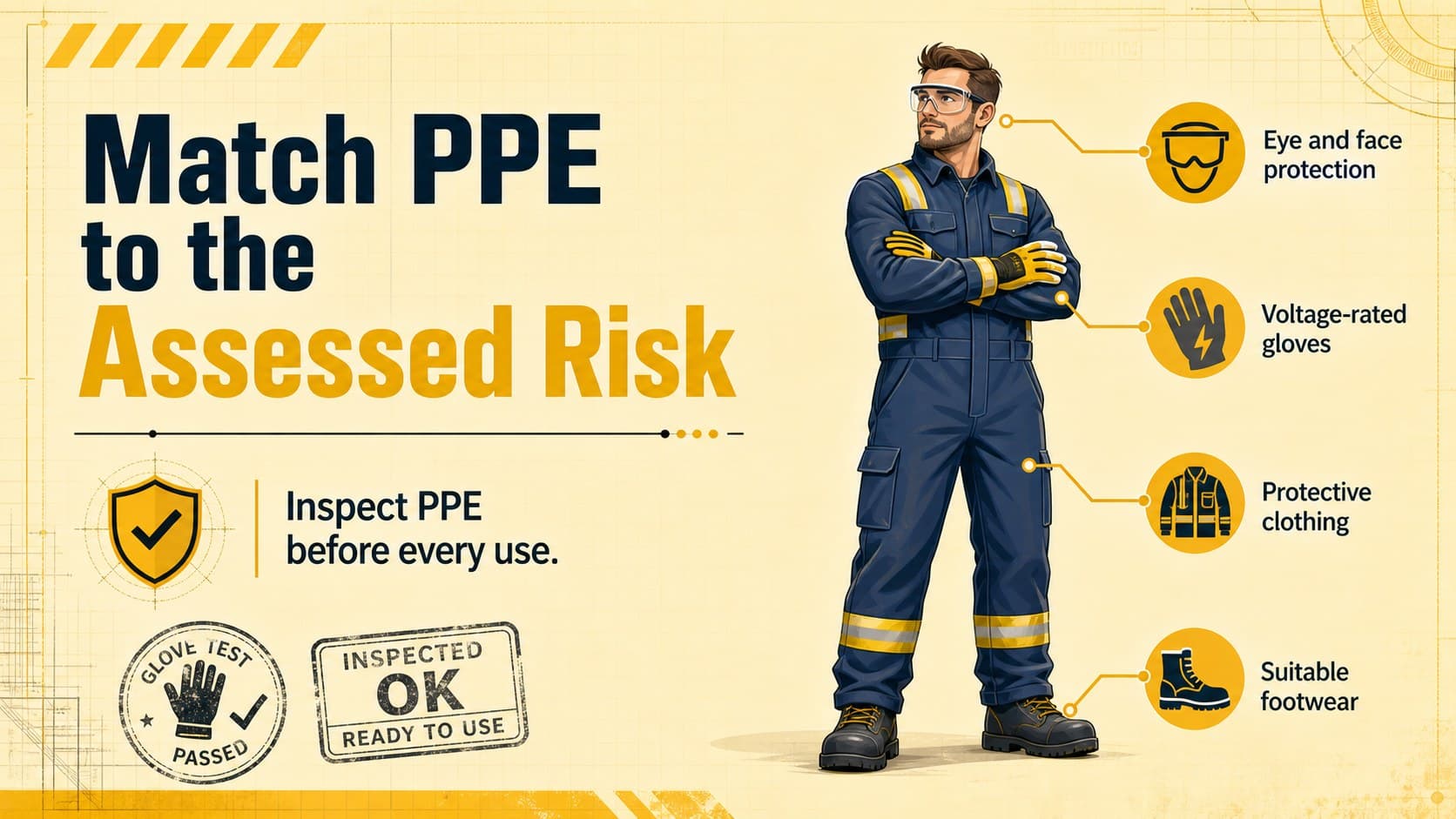 Electrical PPE training materials slide displaying gloves, eye protection, footwear, and protective clothing.