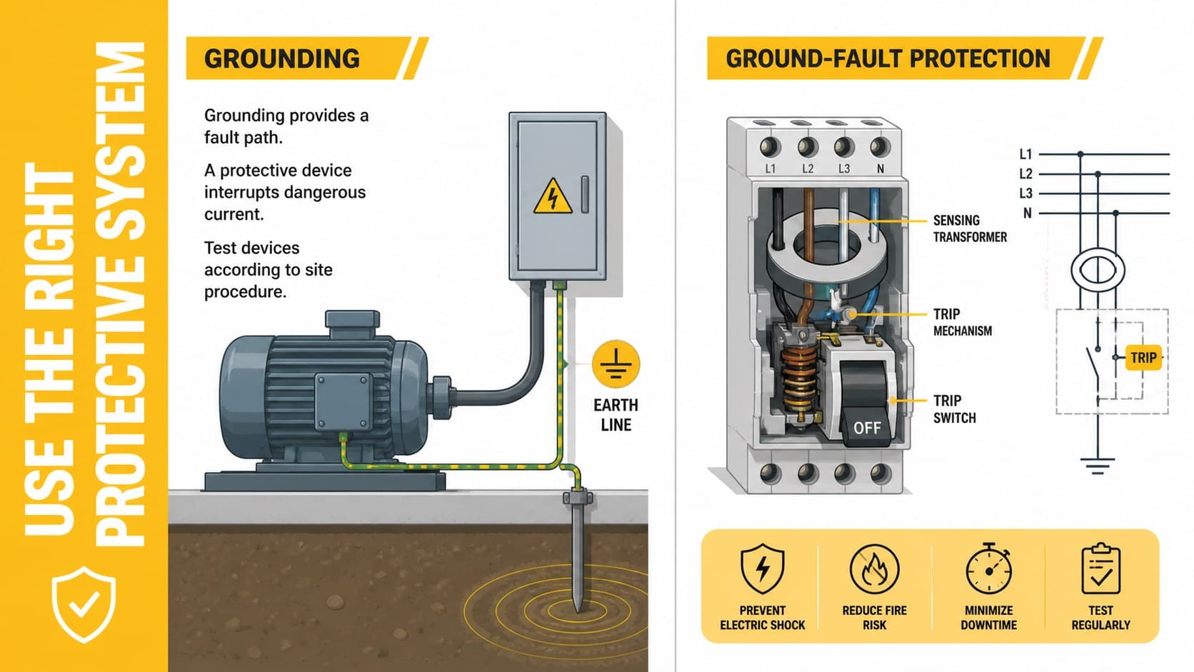 Workplace electrical safety presentation slide comparing grounding and ground-fault protection controls.