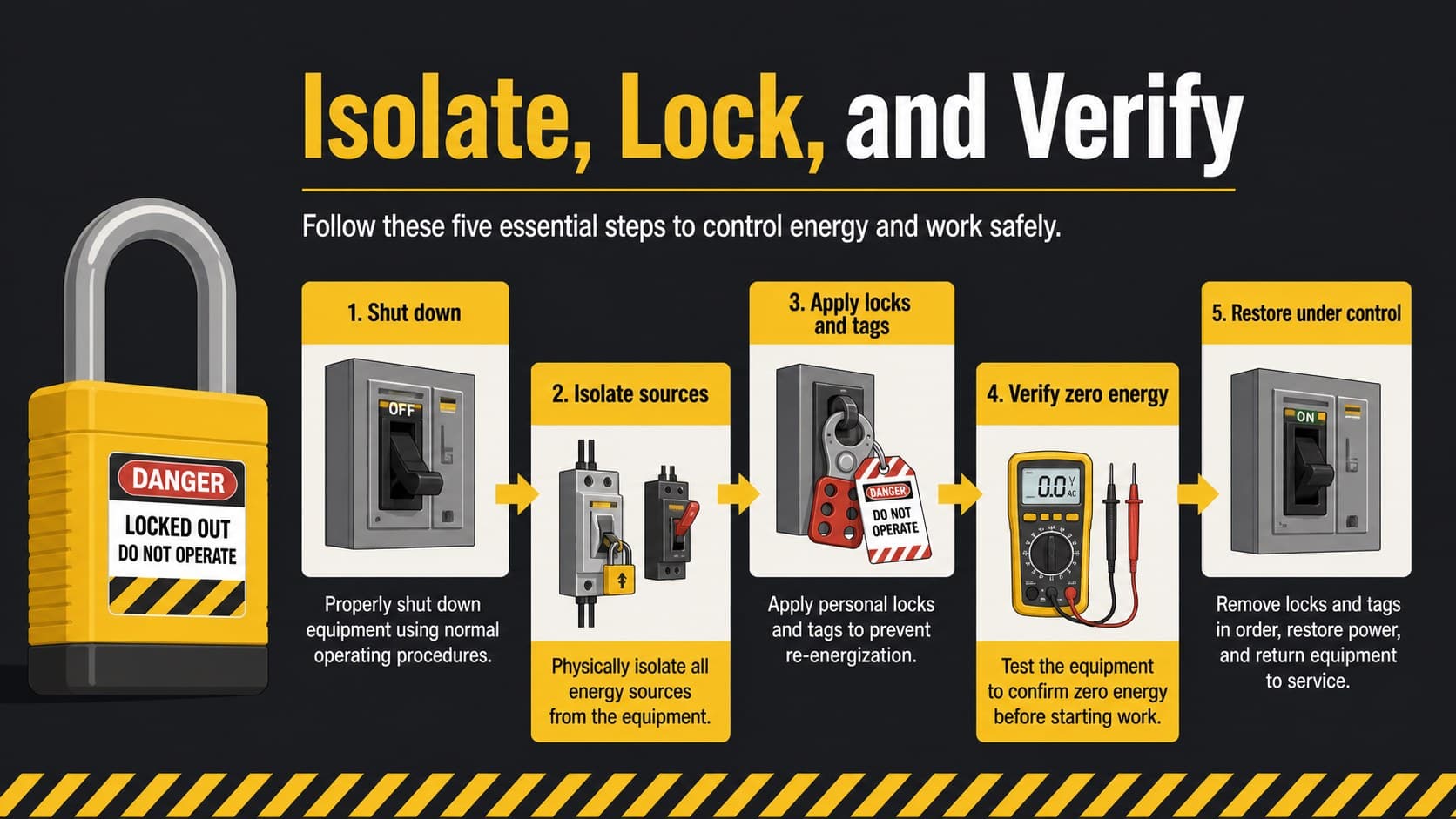 Lockout tagout awareness slide illustrating shutdown, isolation, locking, verification, and controlled restoration.