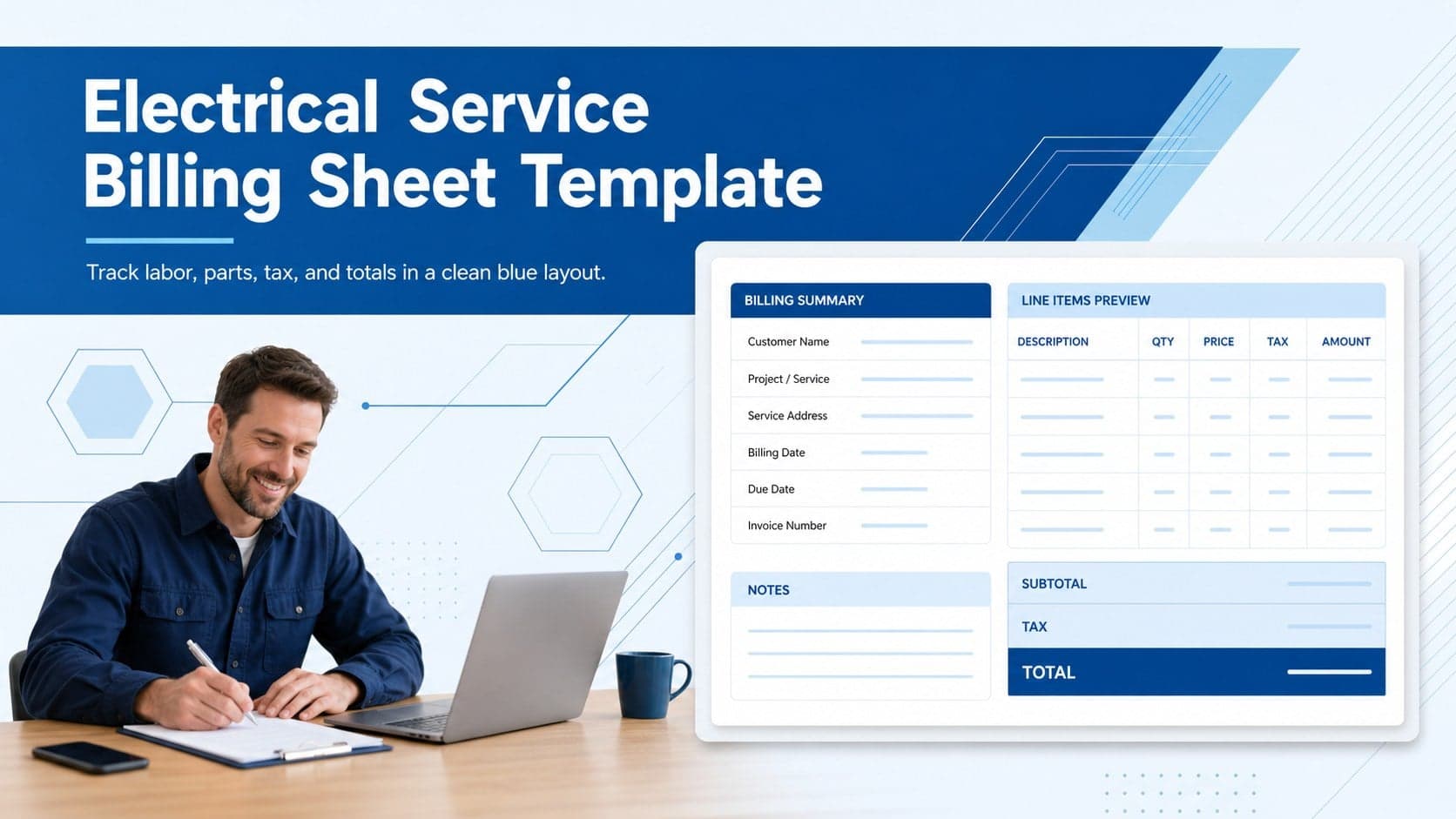 Blue cover slide introducing an electrical service billing sheet template for contractor invoices.