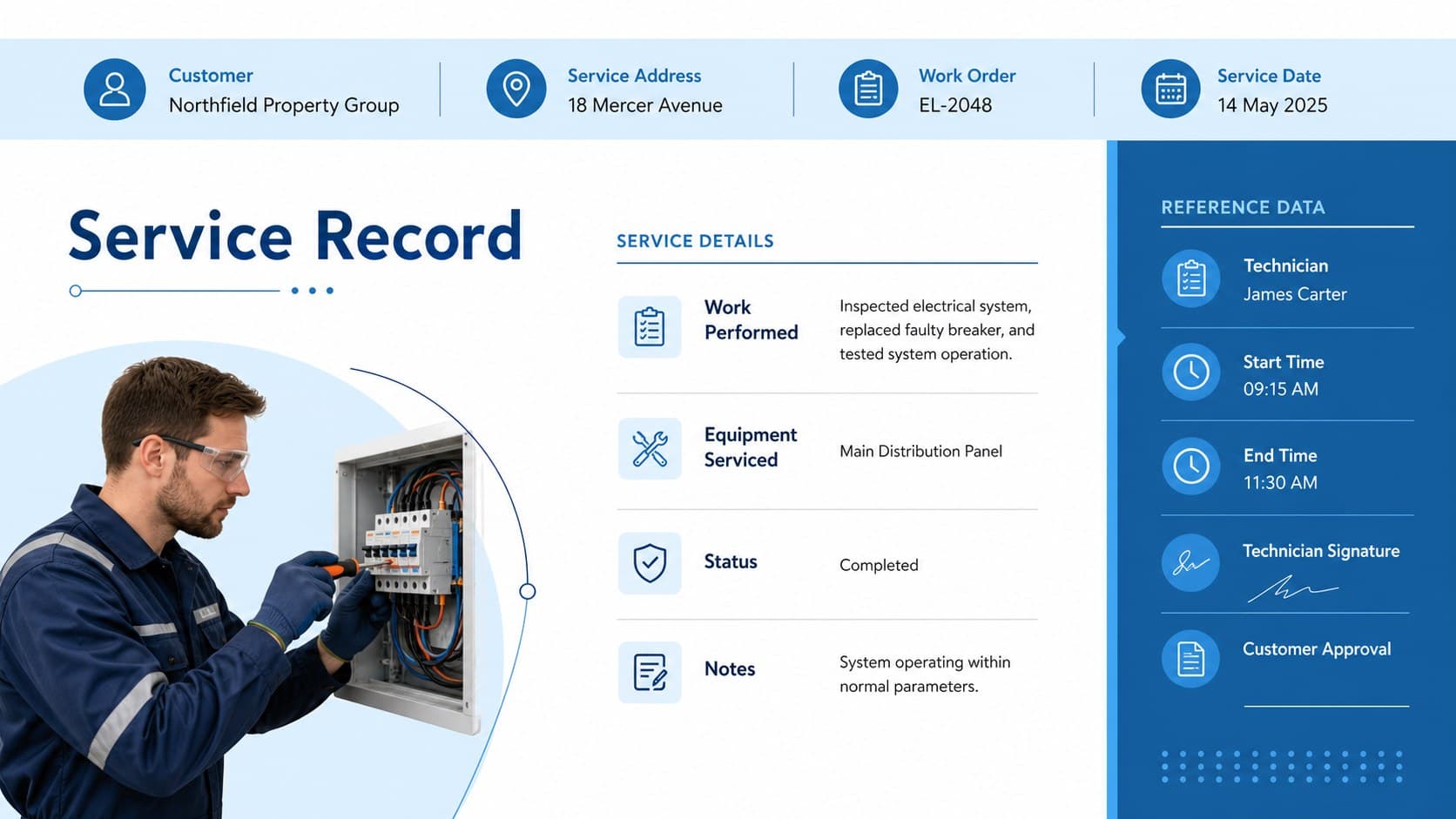 Blue billing document slide showing customer information and service details for an electrician.