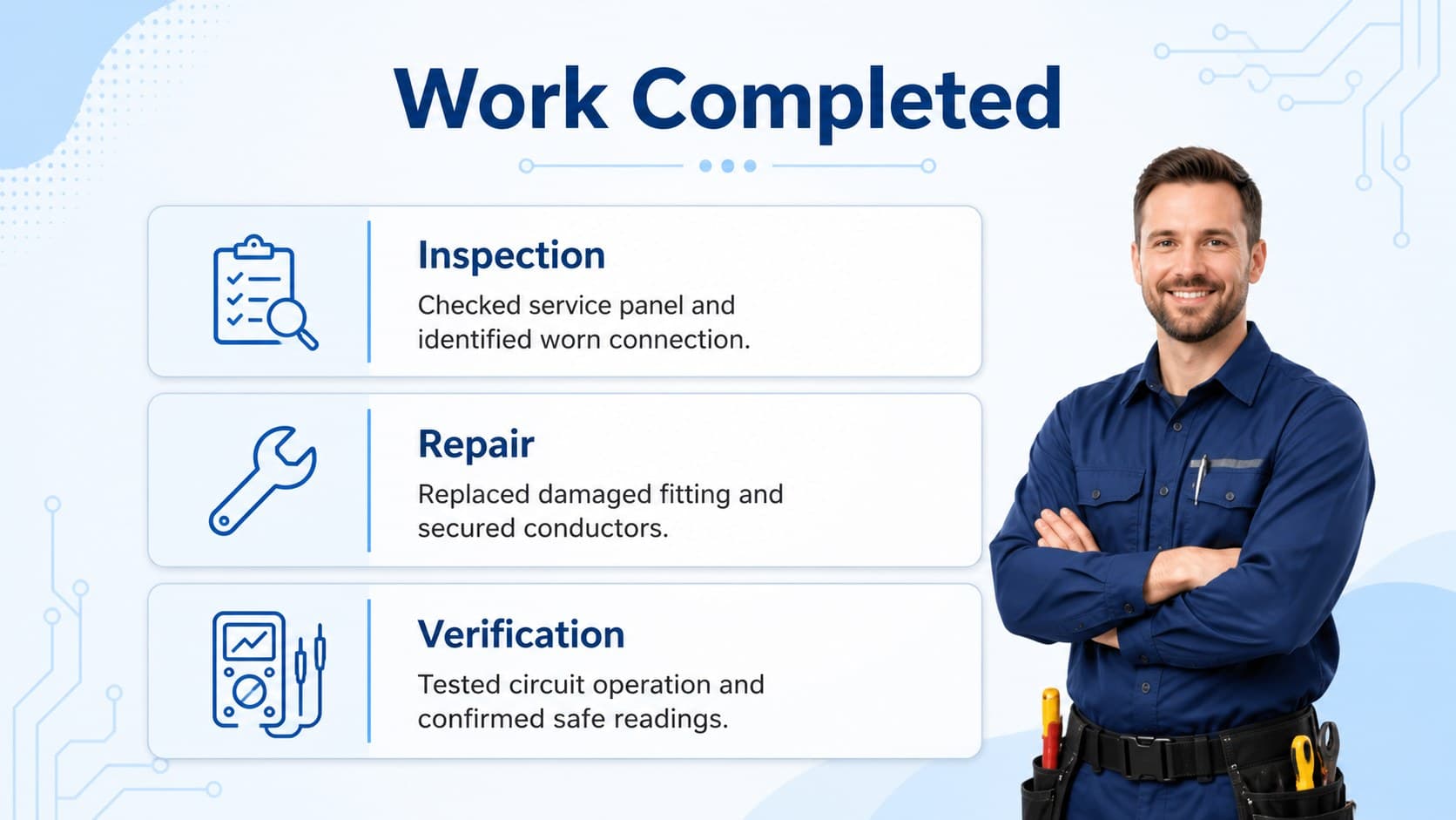 Contractor billing document slide outlining completed electrical work with blue section dividers.