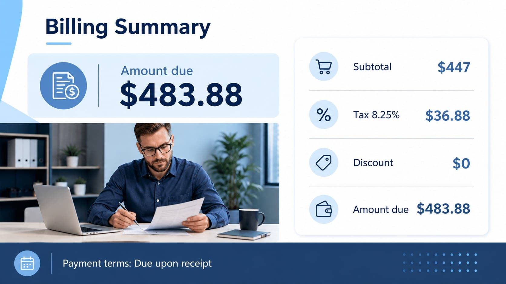 Electrical invoice layout slide displaying subtotal, tax, discount, and amount due in a blue palette.