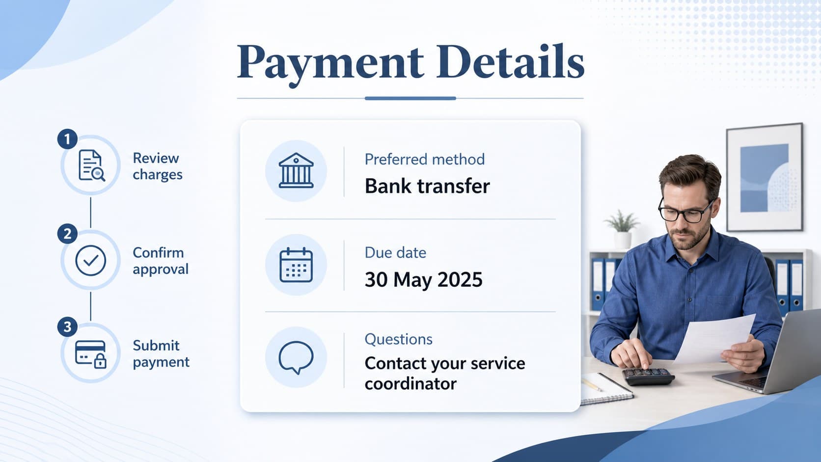 Professional service invoice slide showing payment instructions and customer follow-up information.