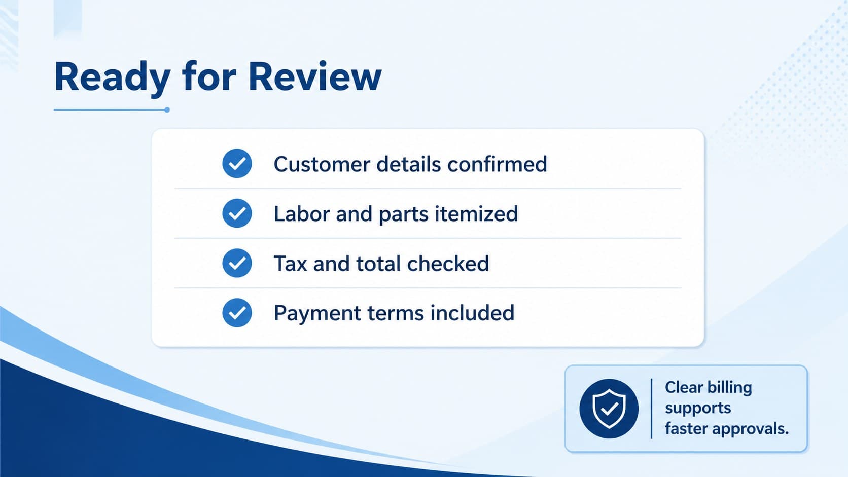Closing slide for an electrical service billing sheet with a final review checklist and blue document styling.
