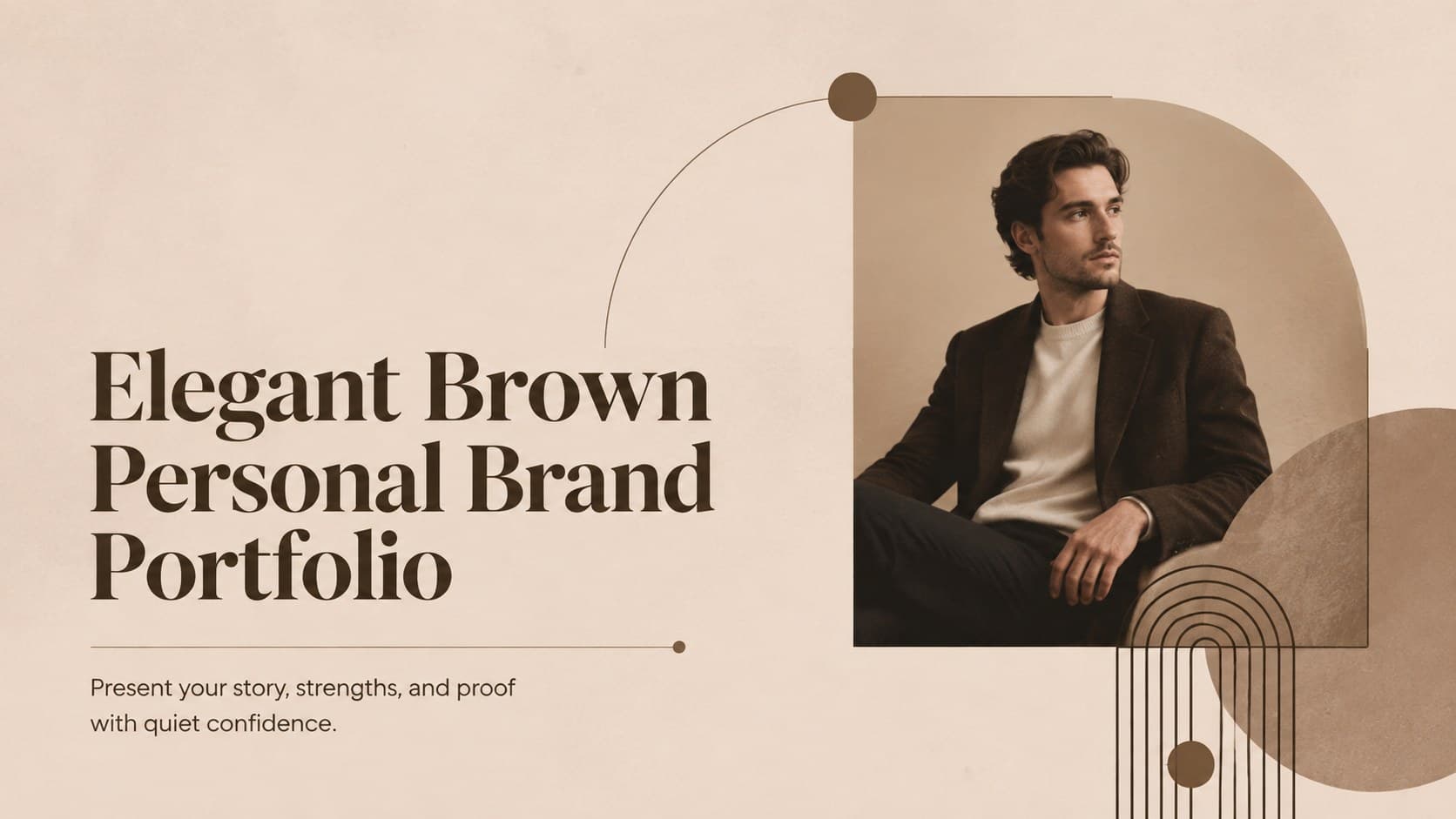 Cover of an elegant brown personal brand portfolio with refined typography and an editorial geometric accent.