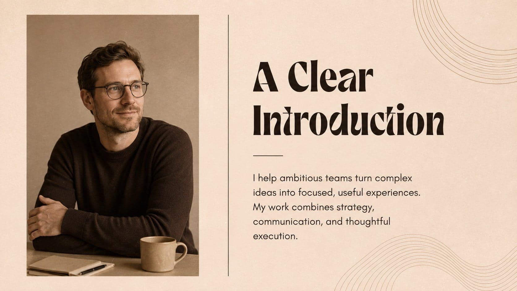 Minimal personal brand portfolio introduction slide featuring a professional biography and portrait.