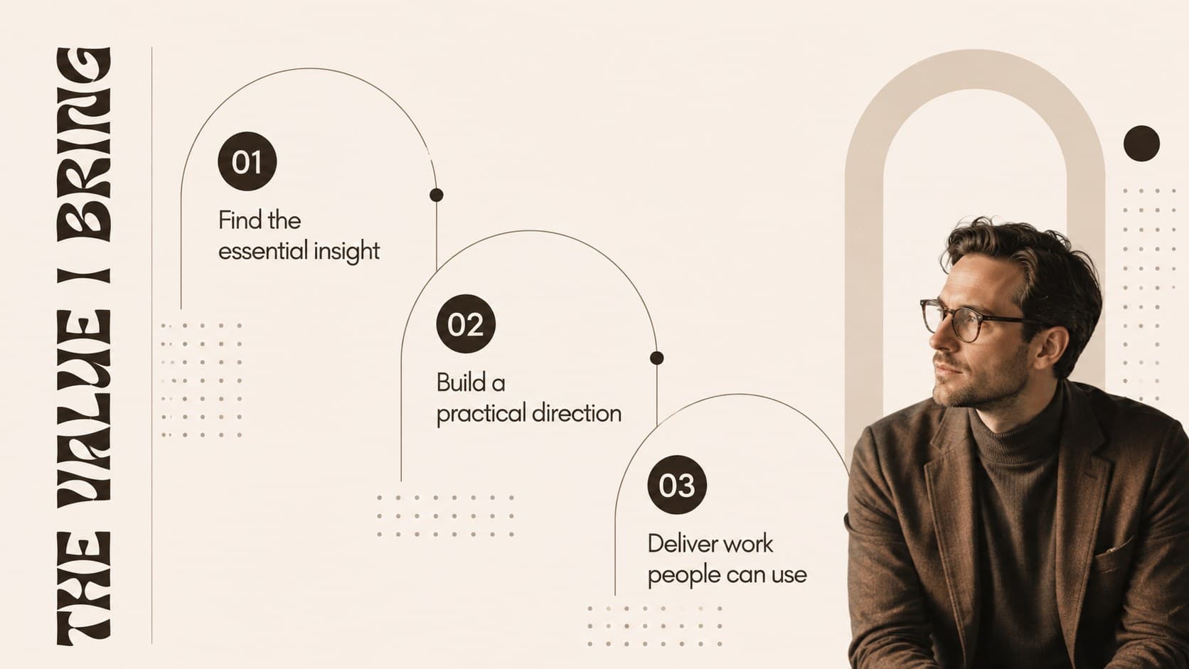 Elegant personal value proposition presentation slide with three strategic benefits.