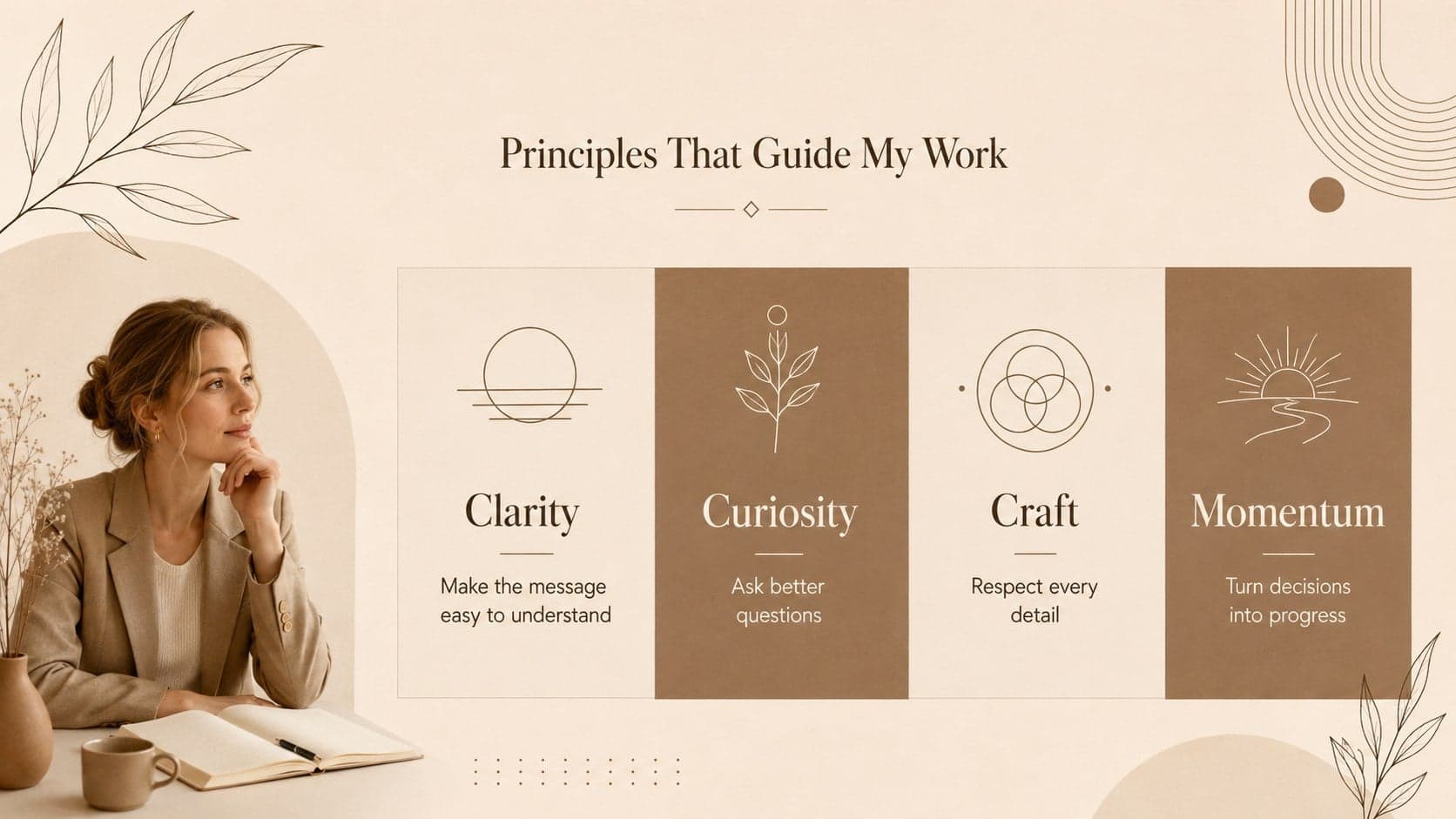 Warm brown personal branding slide presenting four professional principles in an editorial grid.
