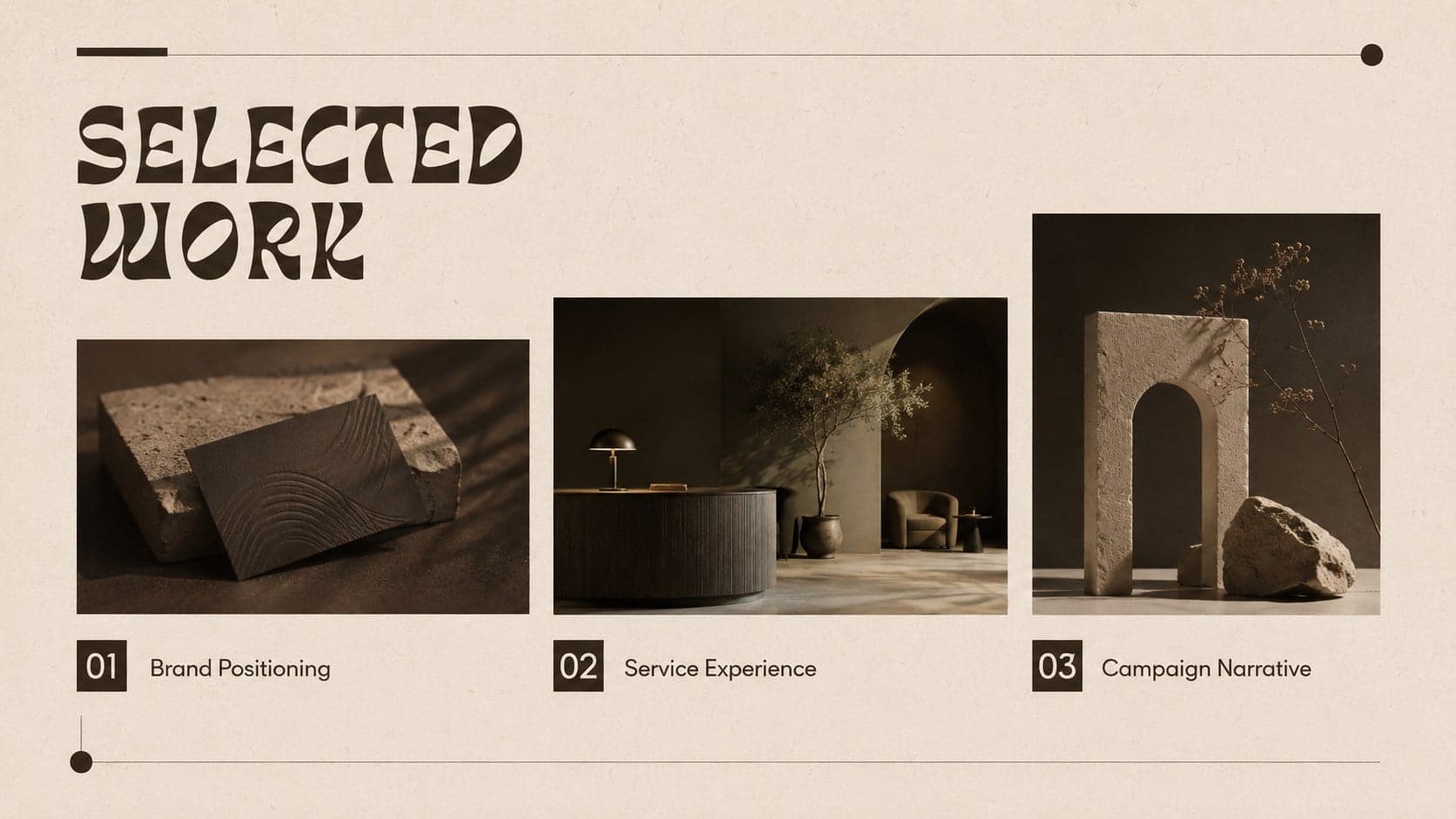 Editorial selected-work slide showcasing three projects in a brown creative portfolio.