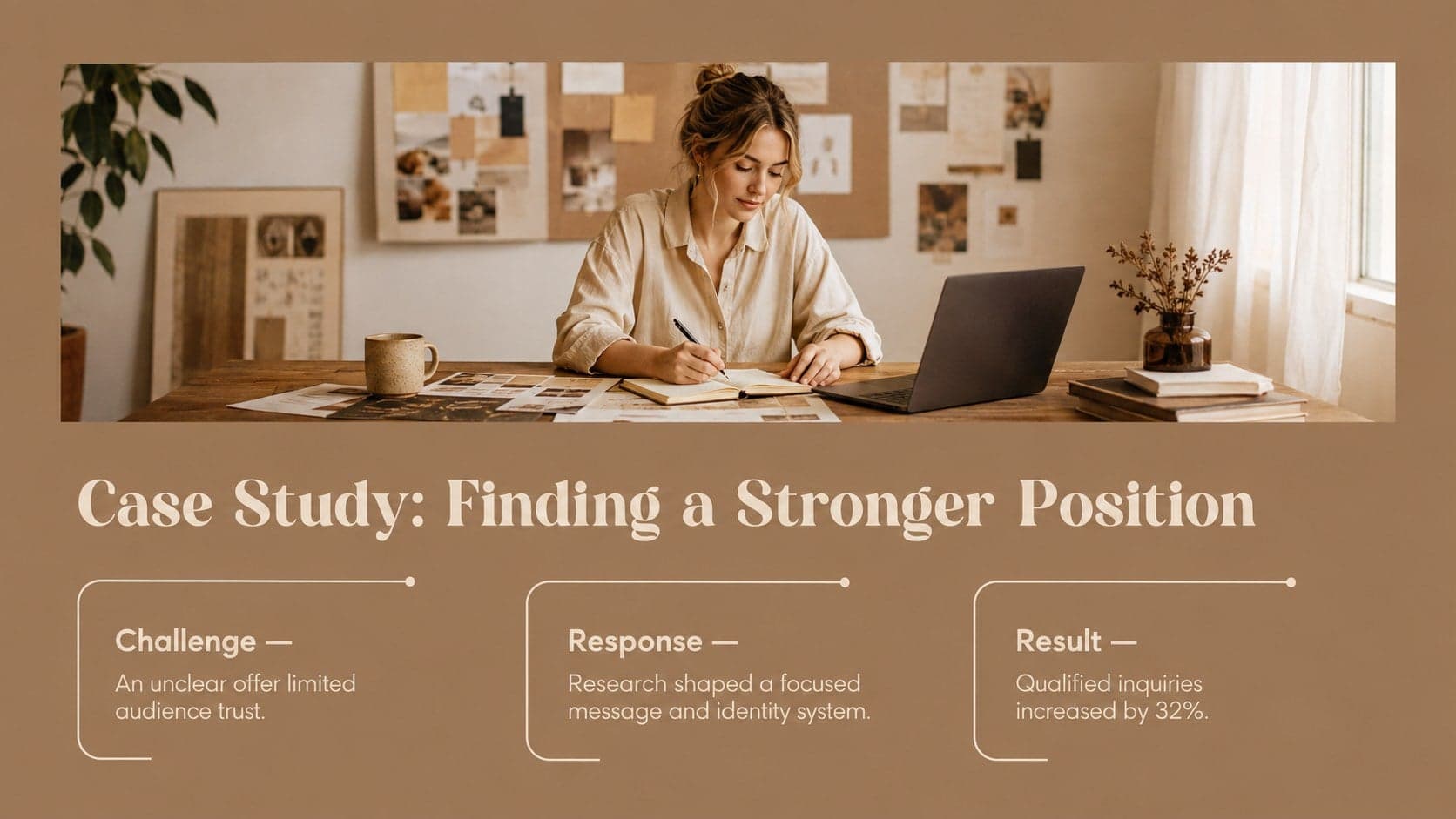 Personal portfolio case study slide outlining a project challenge, response, and result.
