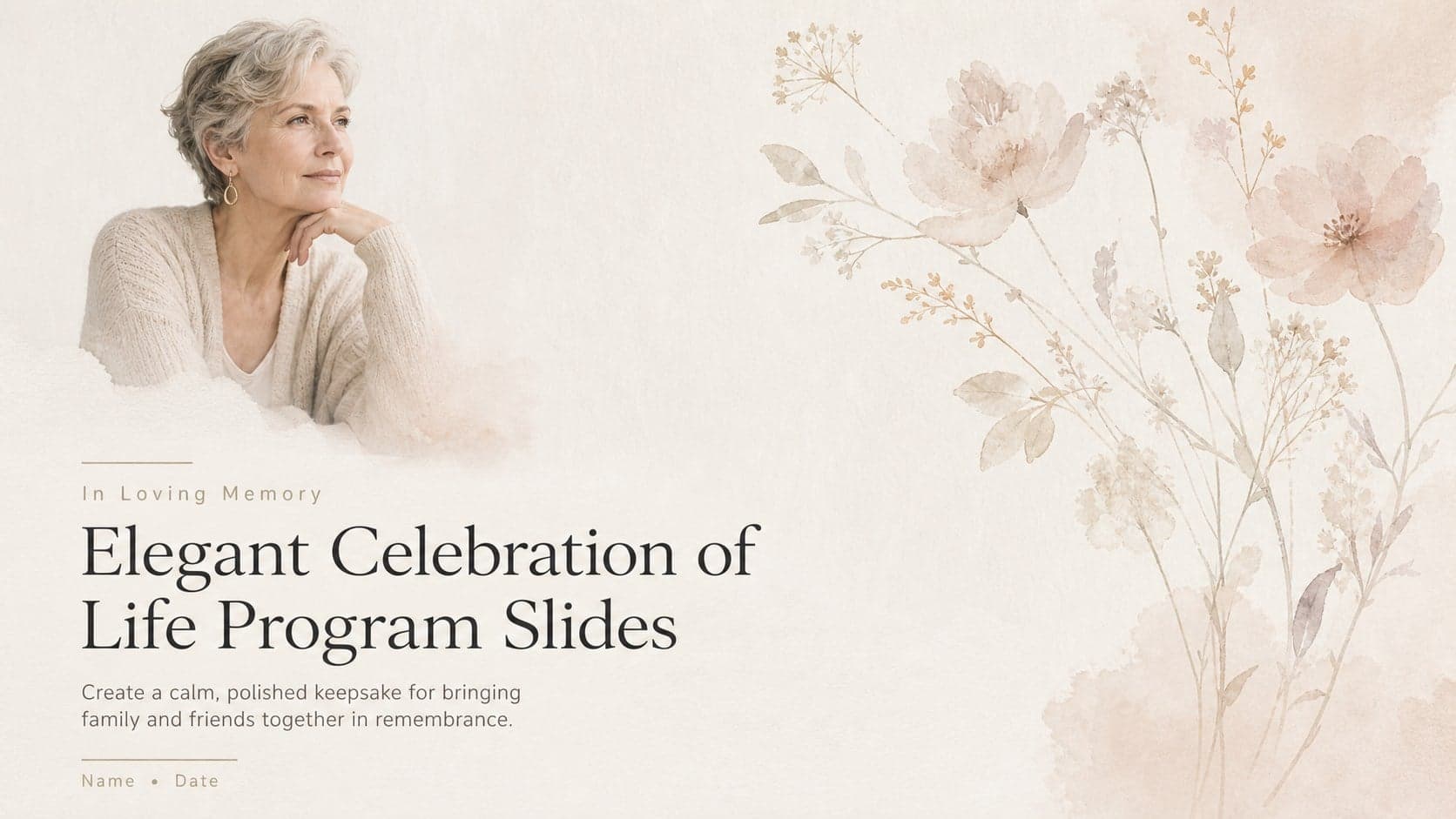 Cover for elegant celebration of life program slides with soft beige watercolor details and refined memorial typography.