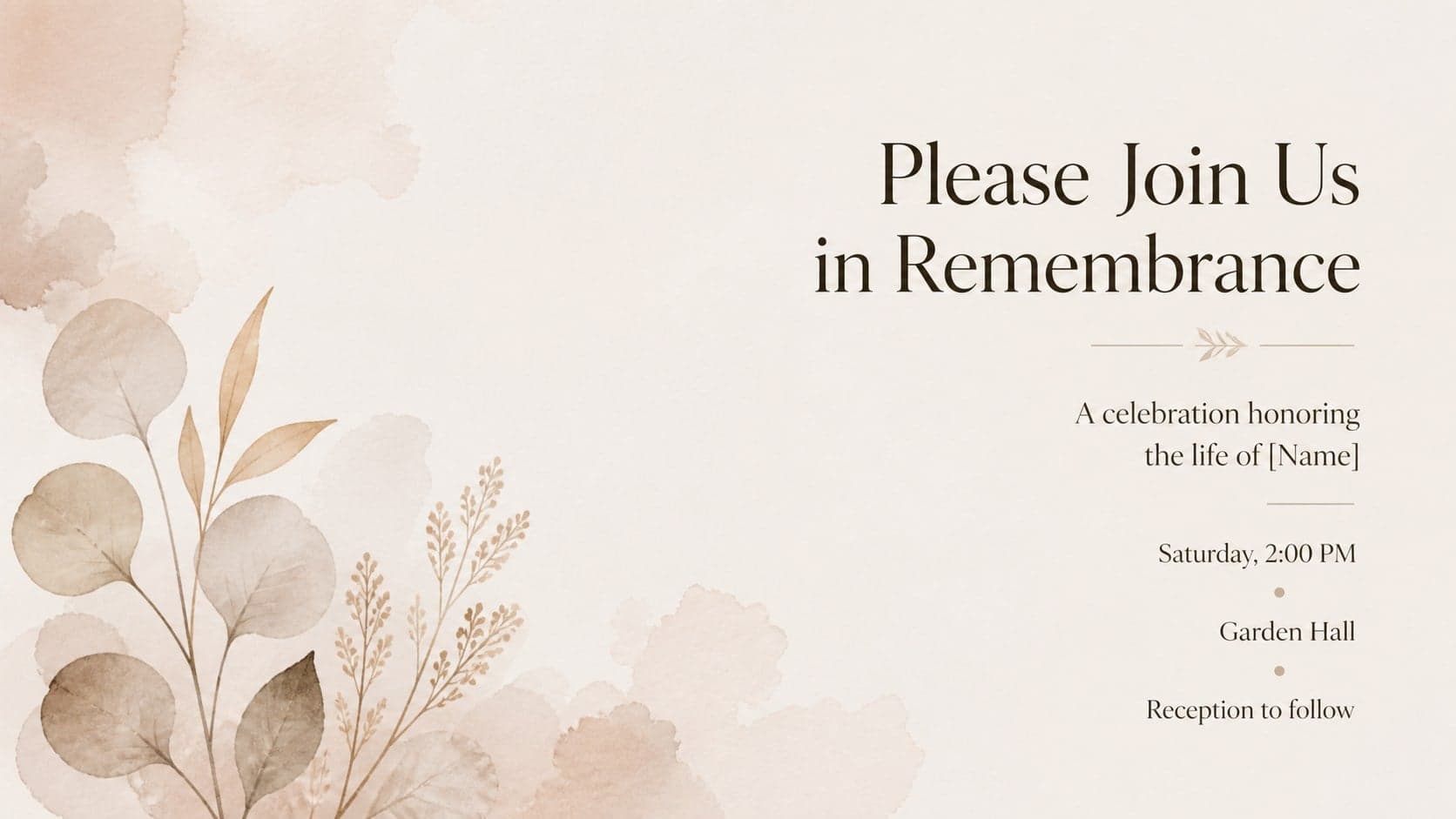 Beige watercolor celebration of life invitation slide presenting ceremony date, venue, and gathering details.