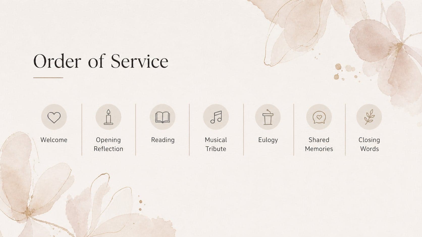 Memorial order of service presentation slide with a clear ceremony sequence in an elegant beige layout.