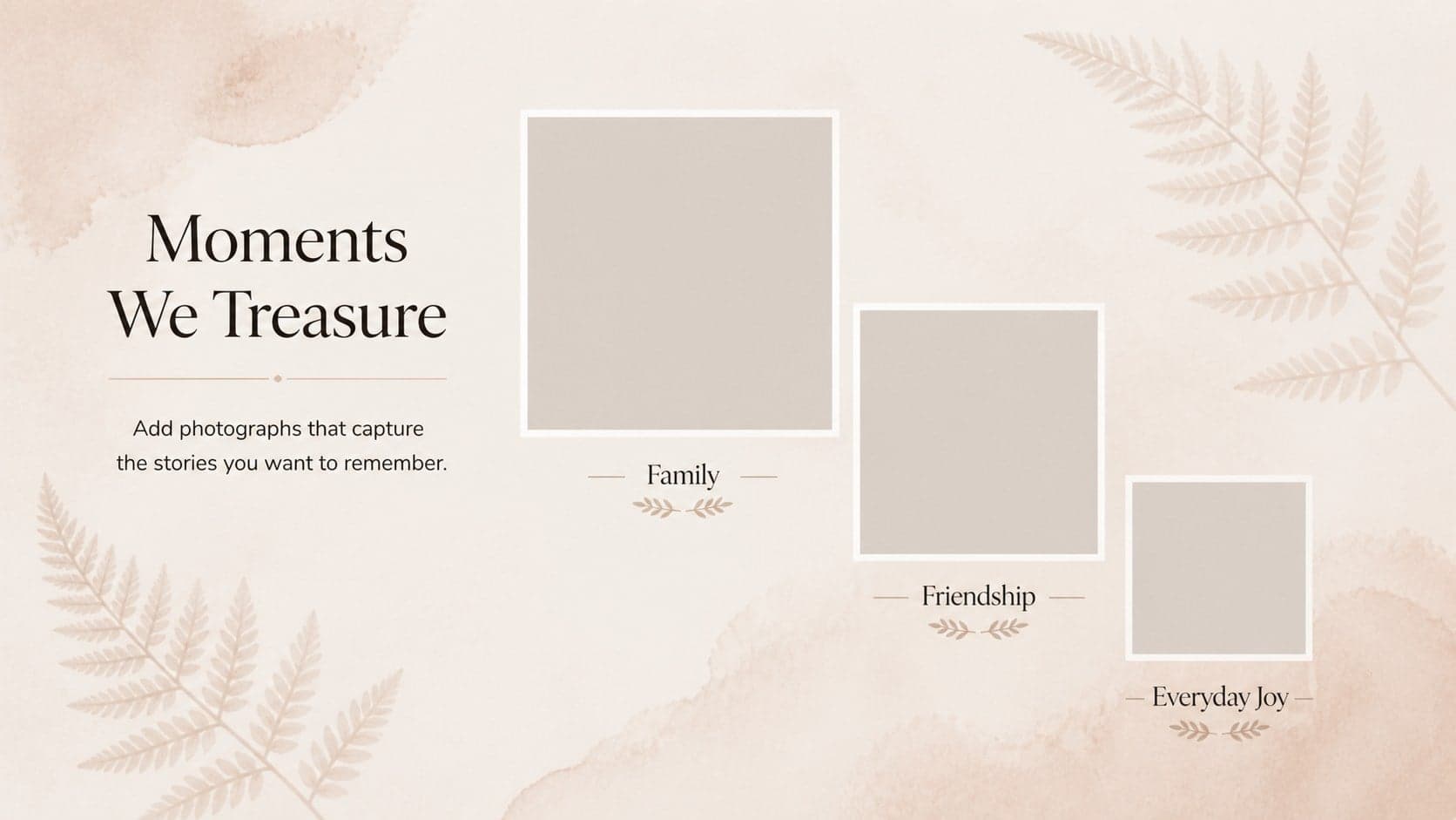 Funeral photo tribute slide with three differently sized memory images on a soft beige watercolor background.