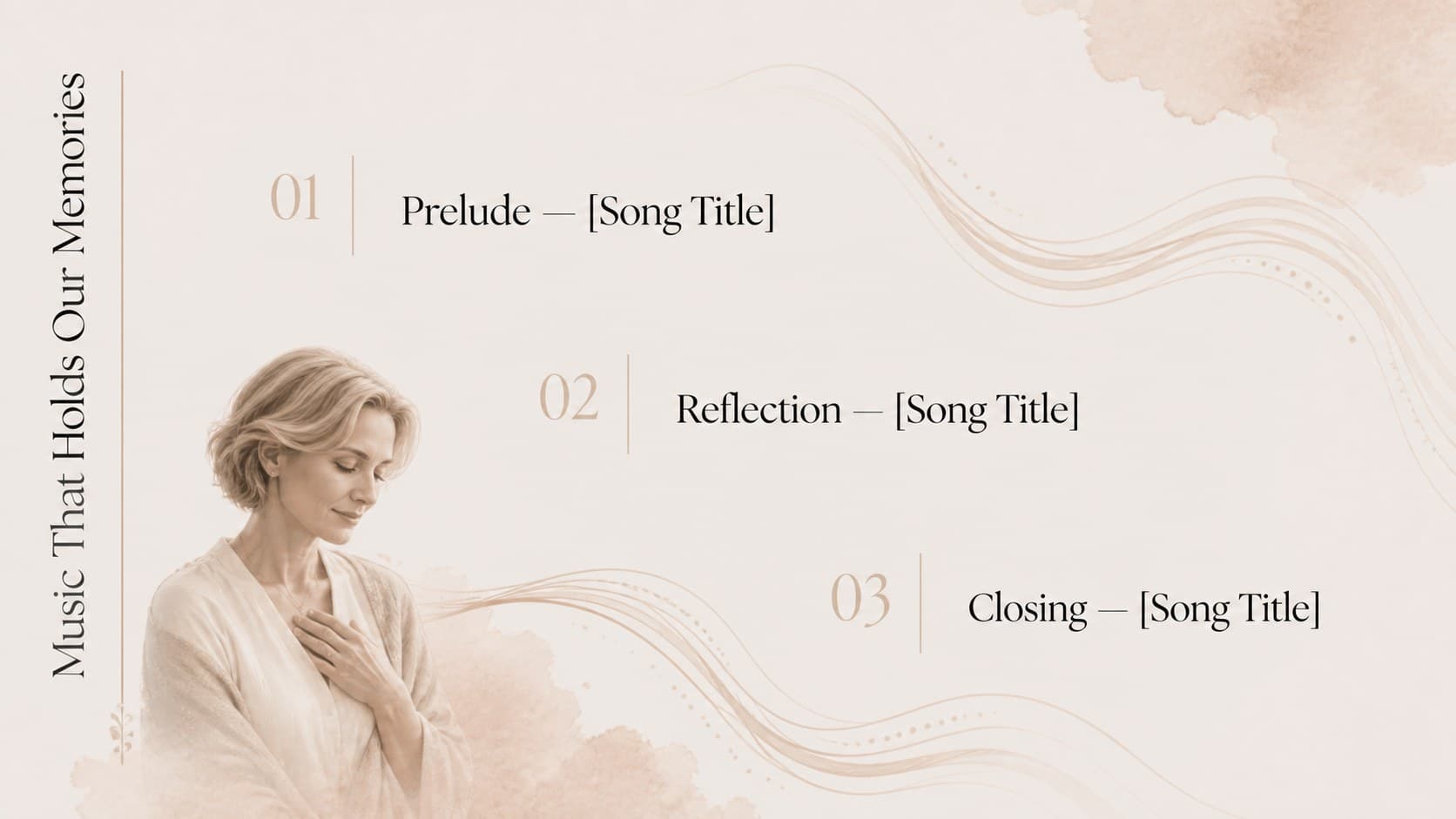 Music tribute slide listing prelude, reflection, and closing selections for a celebration of life service.