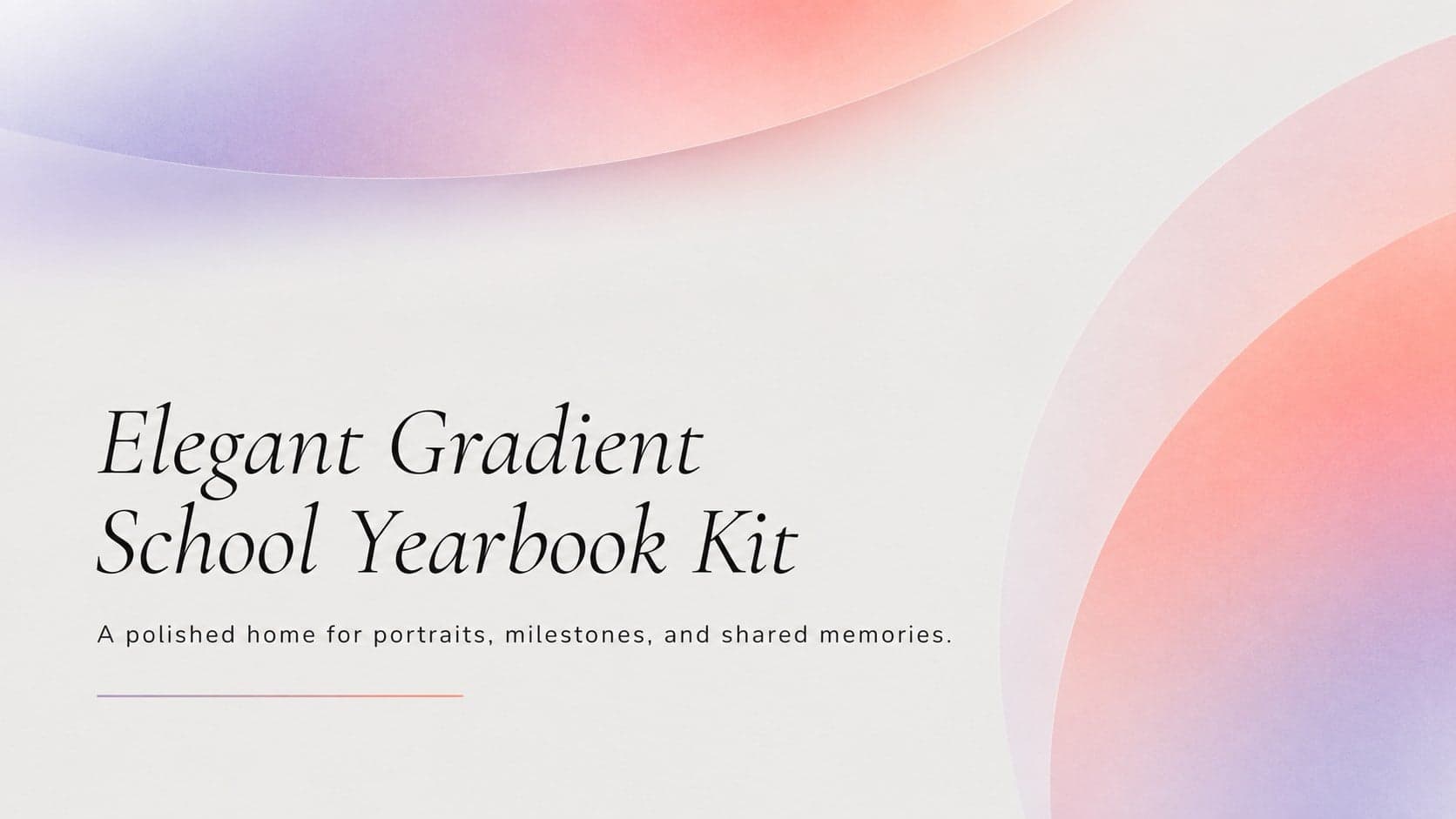 Cover of the Elegant Gradient School Yearbook Kit with refined typography and layered purple, orange, red, and grey accents.