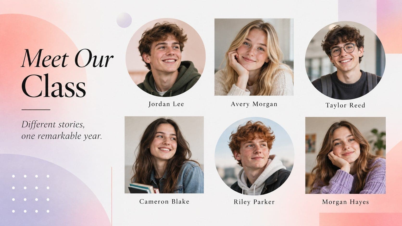 School yearbook class portrait layout with student photo frames, names, and colorful gradient details.